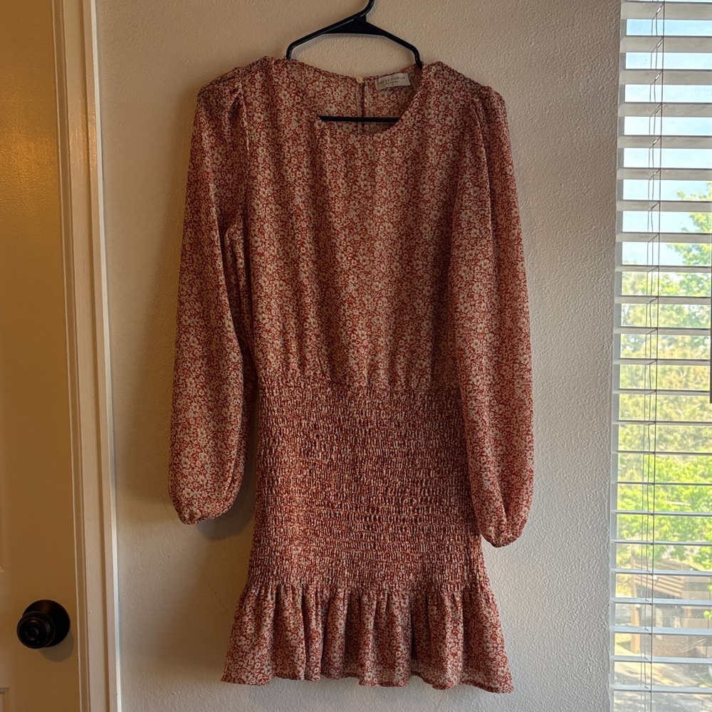 Dress Forum Long Sleeve Floral Smocked Mini Dress - Rust & Cream